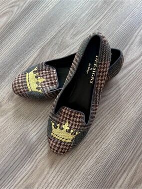 Dee Ocleppo preppy Women's Brown Plaid Loafers with Yellow Crown Accent